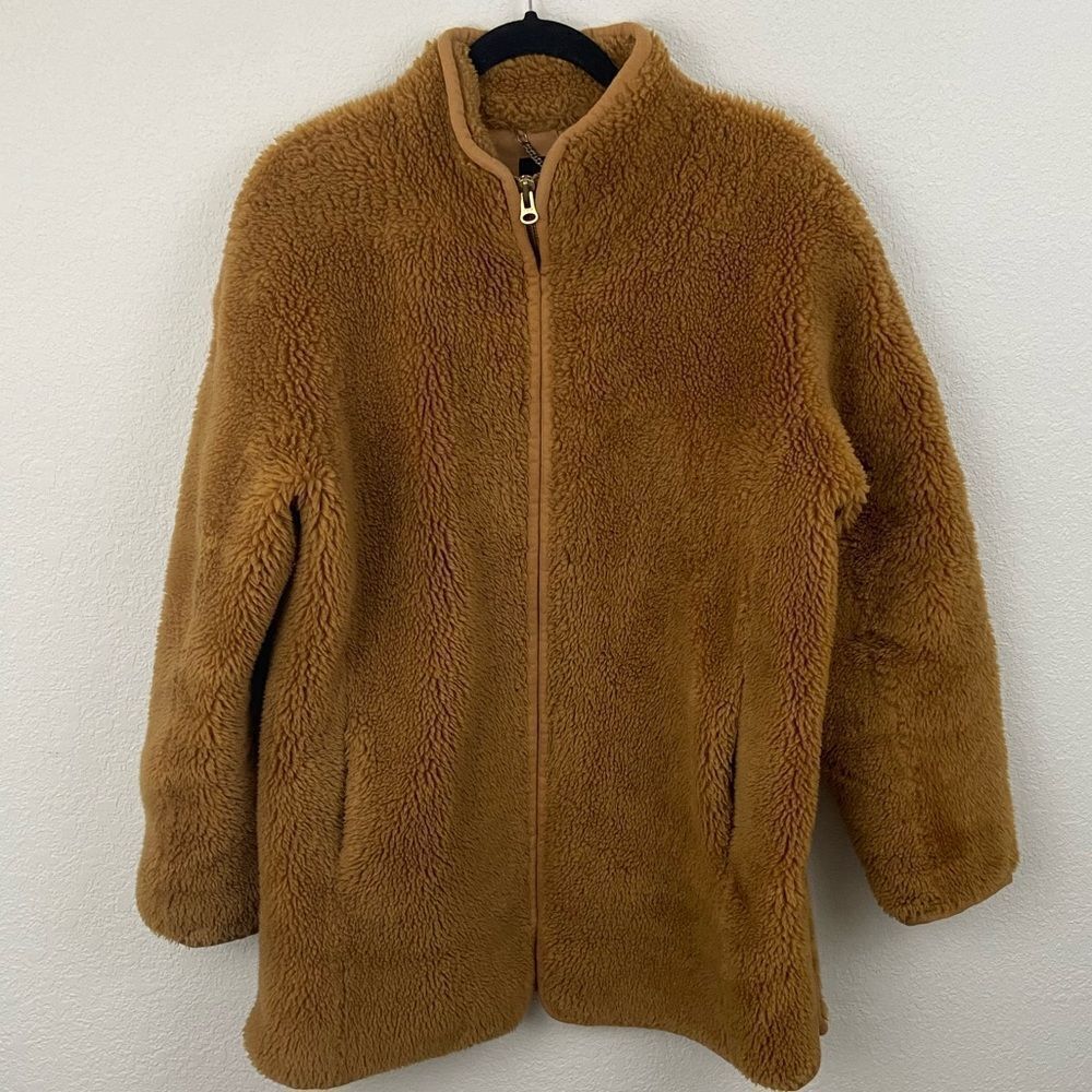 J. Crew Teddy Fleece Zip-Front Coat in Caramel Brown